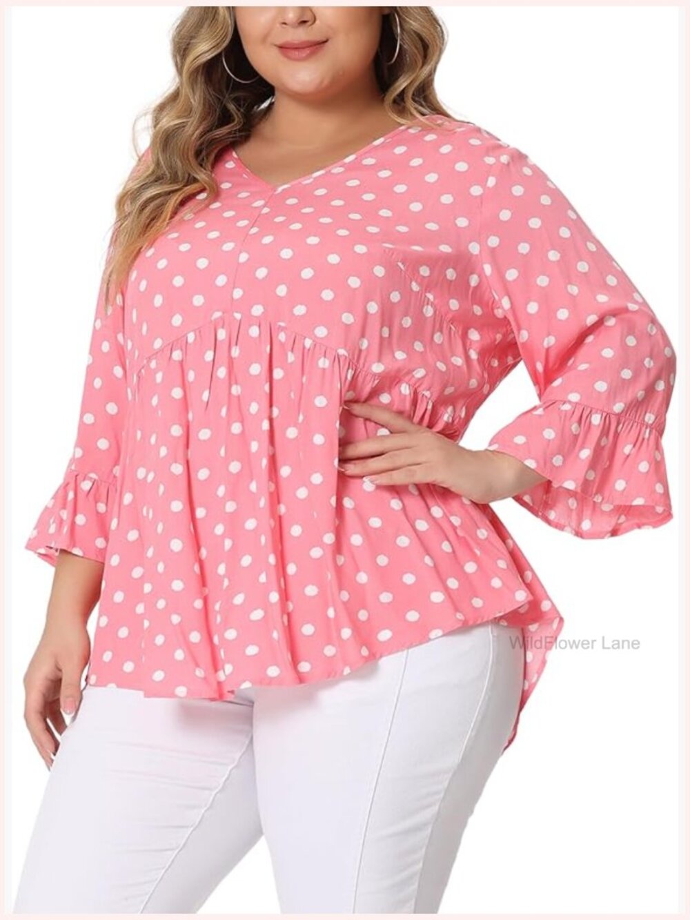 Plus Size Polka Dot Blouse V Neck 3/4 Ruffle Sleeve Peplum Tunic